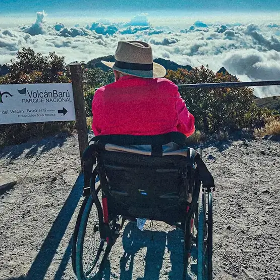 Senior wheelchair user enjoying Volcán Barú in Panama